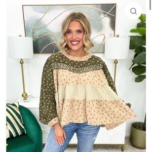 POL Olive and Cream Patchwork Blouse